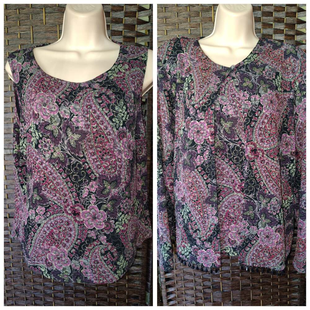 Vintage MSK Floral Beaded top tank set XL Whimsigoth Witchy Dark Romantic 90s